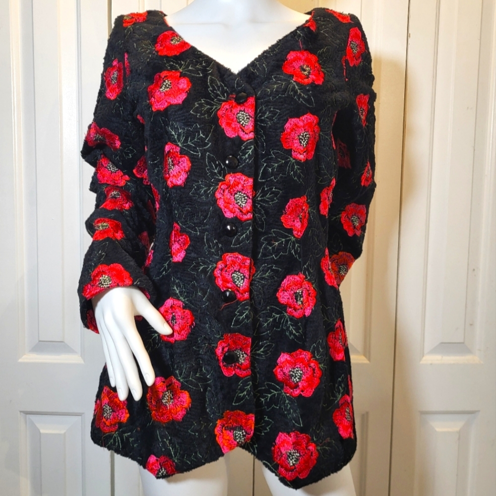 Vintage Floral Black Jacket with Red Flowers